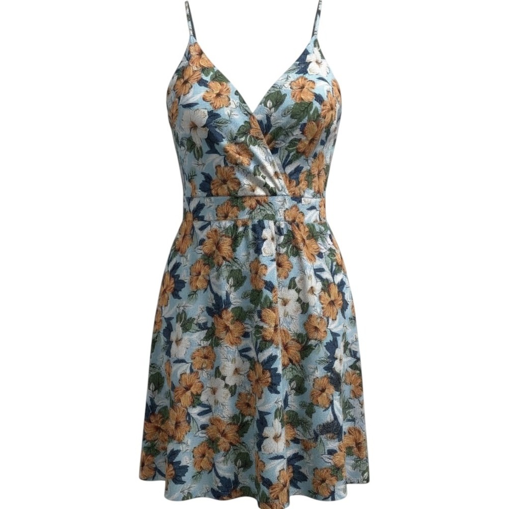 SHEIN Mini Dress Floral Hibiscus Large Blue Summer Boho Tropical Vacation Casual